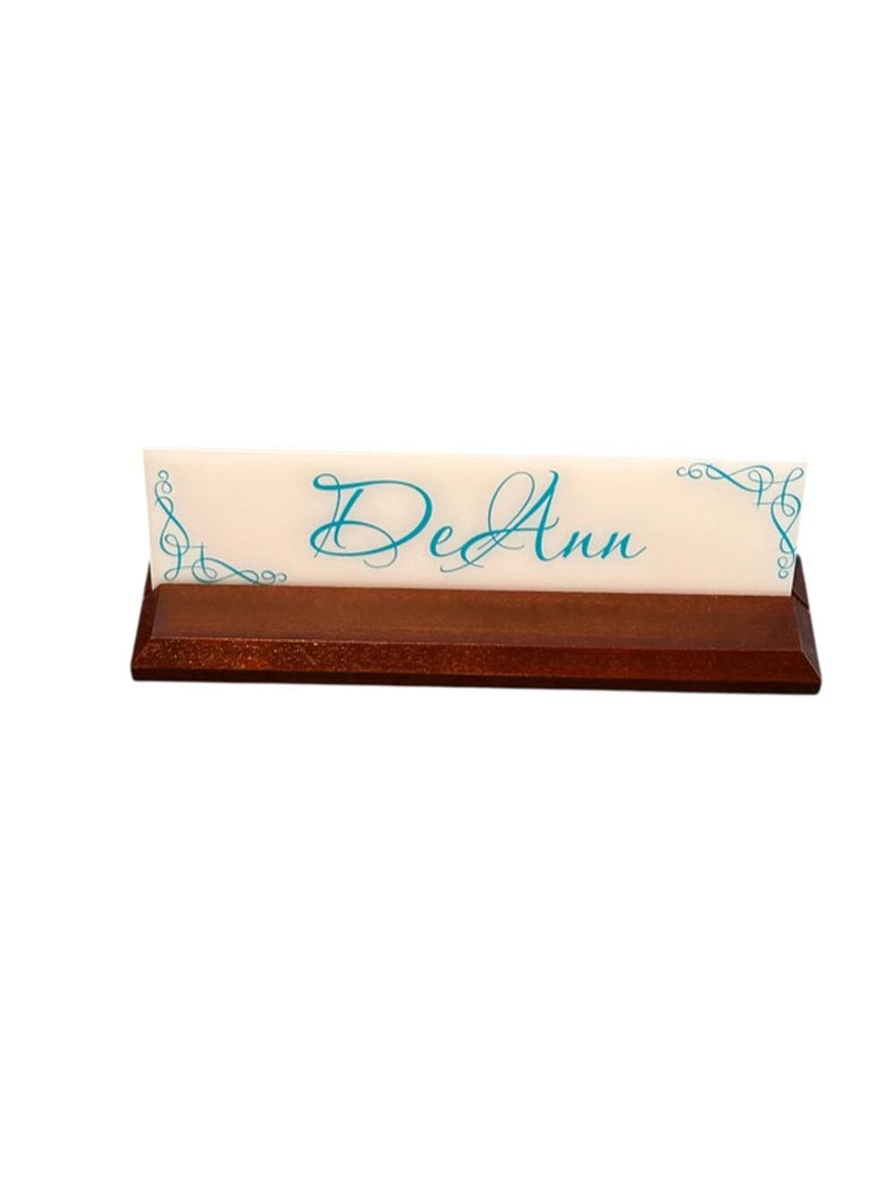 DeAnn nameplate for desk, blue writing, brown wood